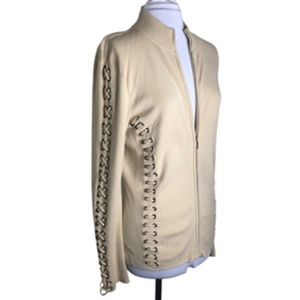 No Label Full Zip Faux Laced Sleeves and Side Front Mock Collar Sweater Size L